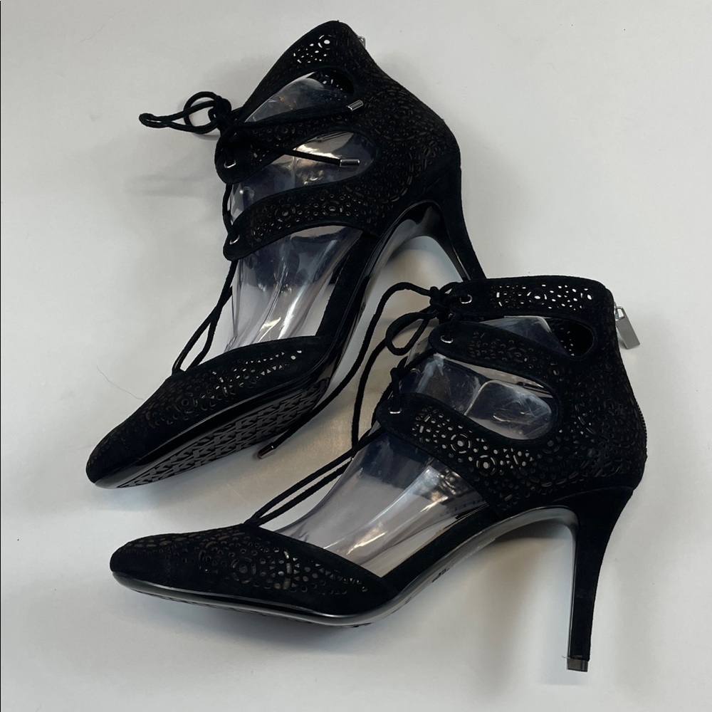 Karl Lagerfeld Paris Black Suede Laser Cut Lace Up Heels Womens Sz 8 - Picture 5 of 10